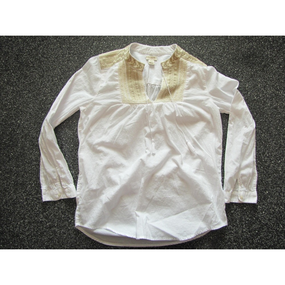 J.Crew Shirt Womens XXS White Embroidered Tassel V Neck Long Sleeve Tunic Blouse